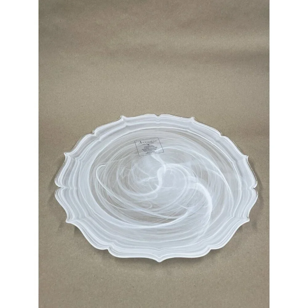 Artistic Accents Turkish Glass 4 Plates Set Entrée Dinner White Swirl 11
